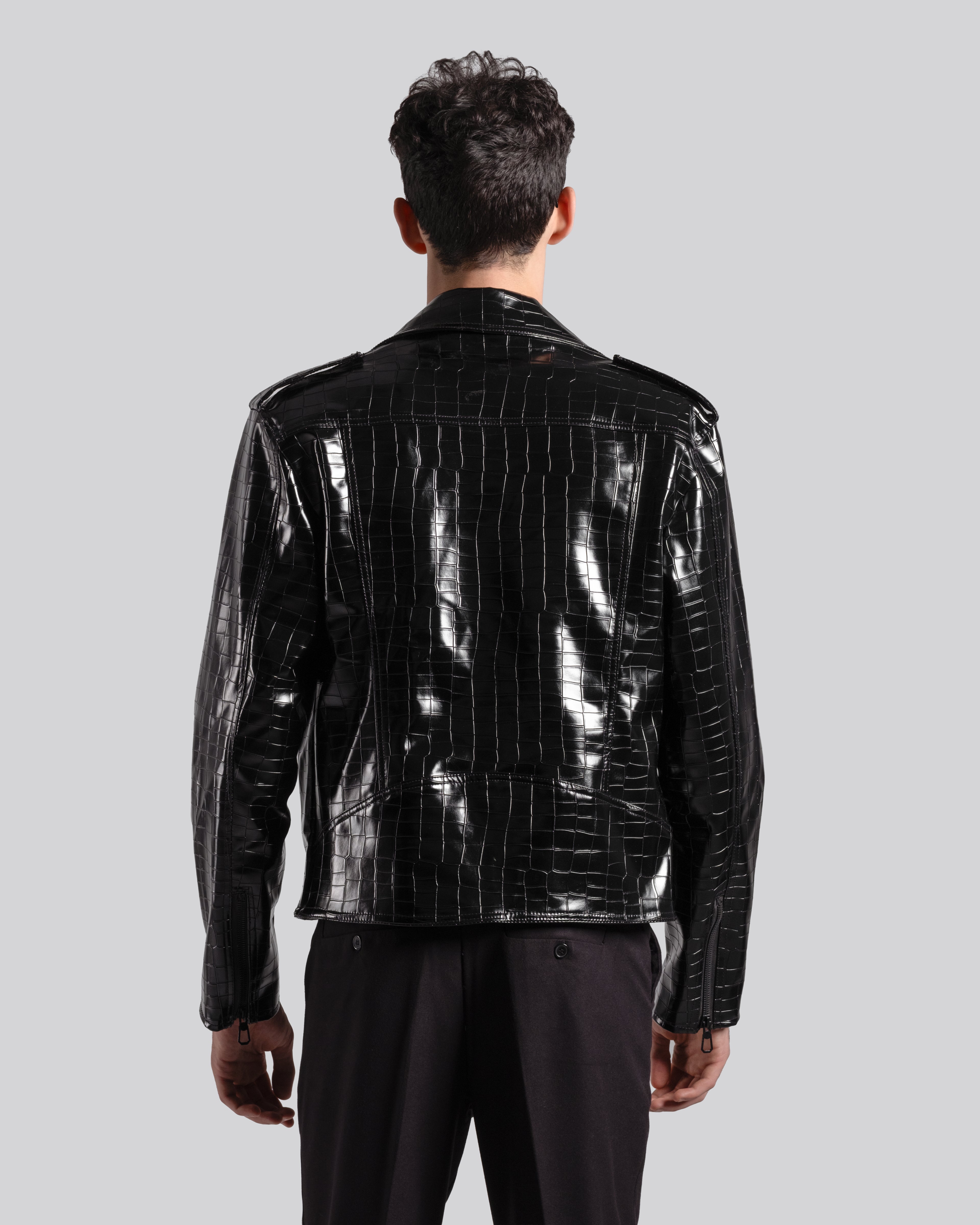 LEATHER CROC-EMBOSSED BIKER JACKET