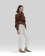 SATIN V-NECK BLOUSE WITH BOW