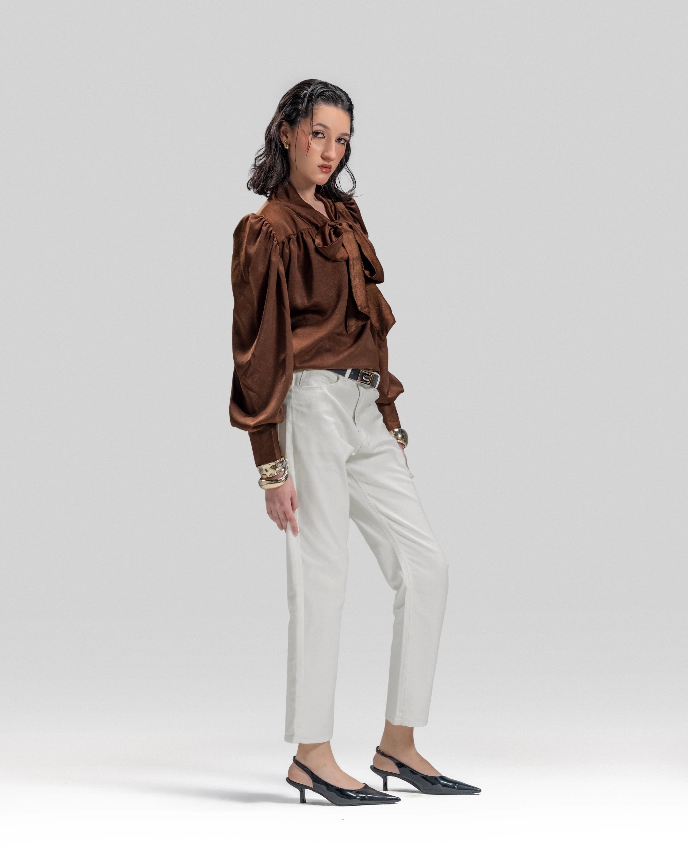 SATIN V-NECK BLOUSE WITH BOW