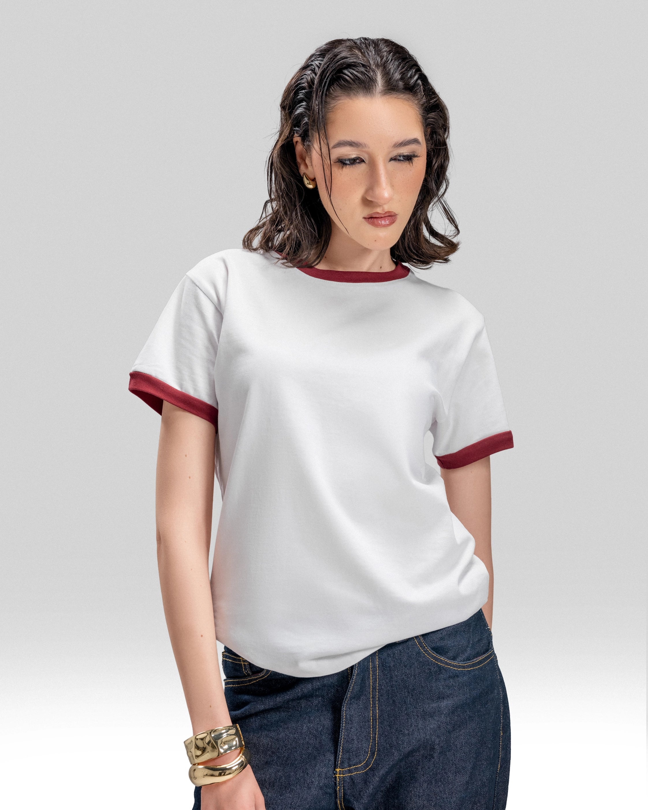 RINGER T-SHIRT BURGUNDY RIB