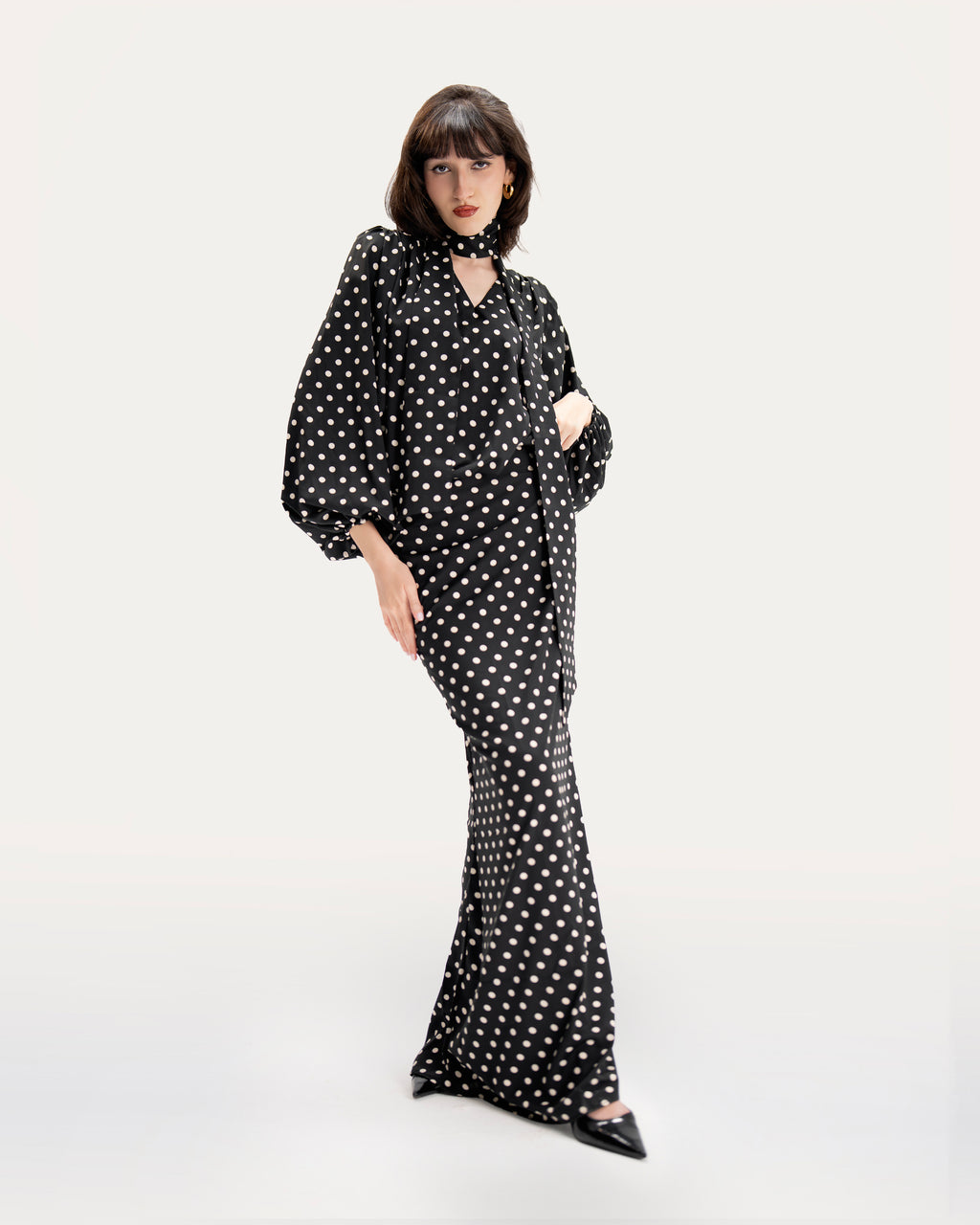 BLACK POLKA-DOT MAXI DRESS