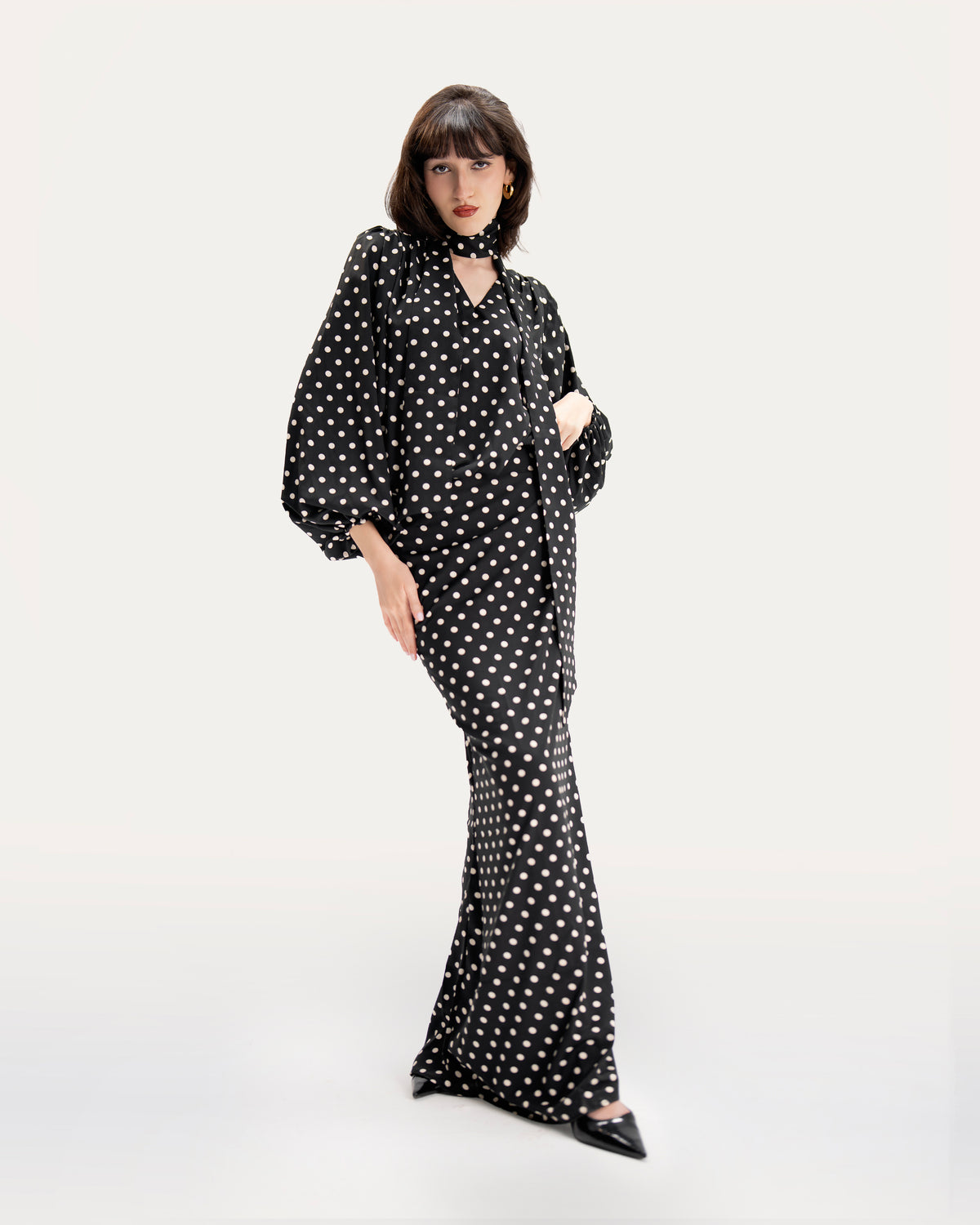 BLACK POLKA-DOT MAXI DRESS