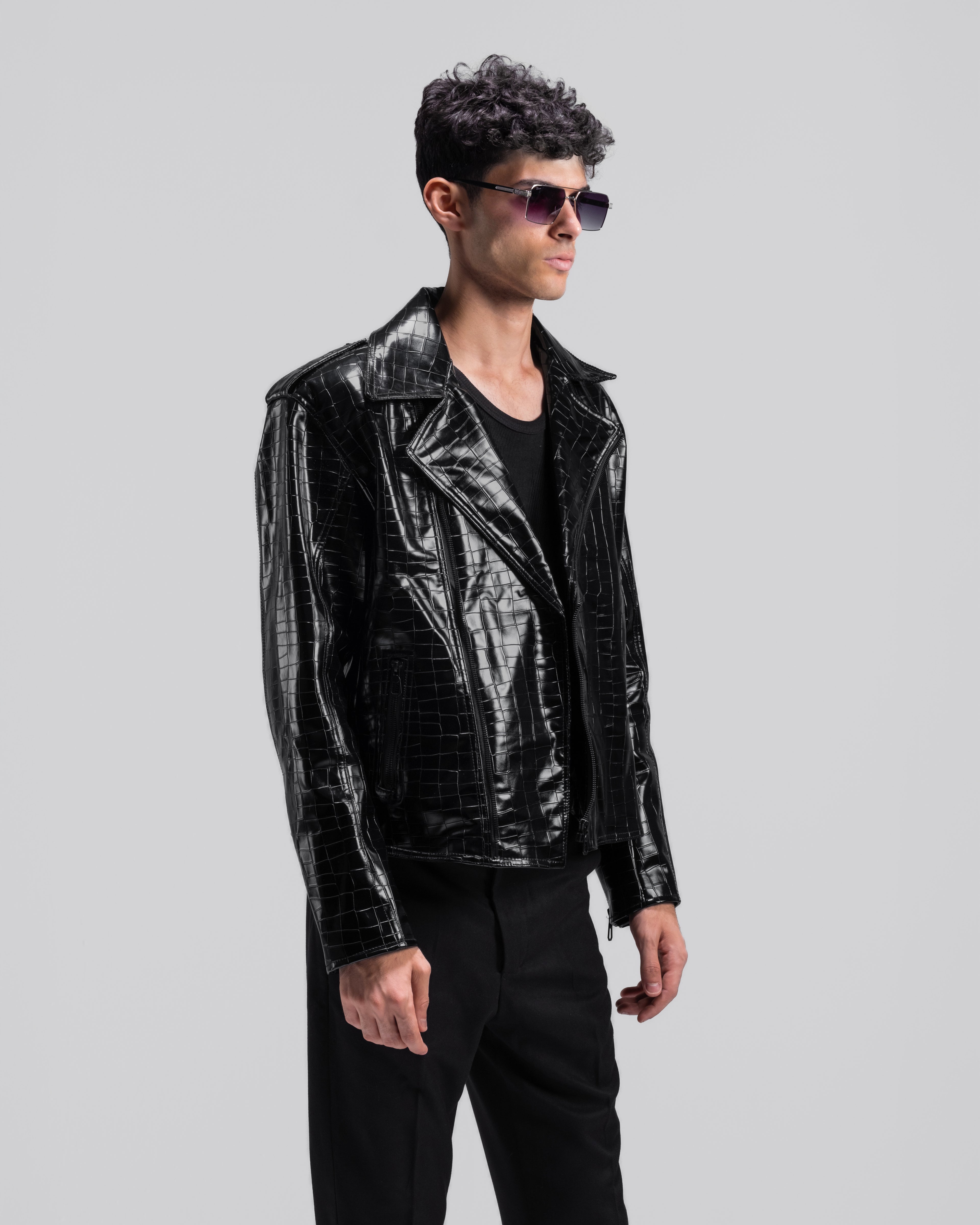 LEATHER CROC-EMBOSSED BIKER JACKET