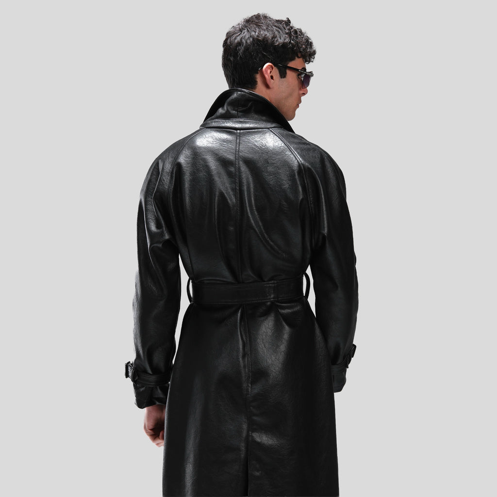 LEATHER LONG COAT IN PLUNGED
