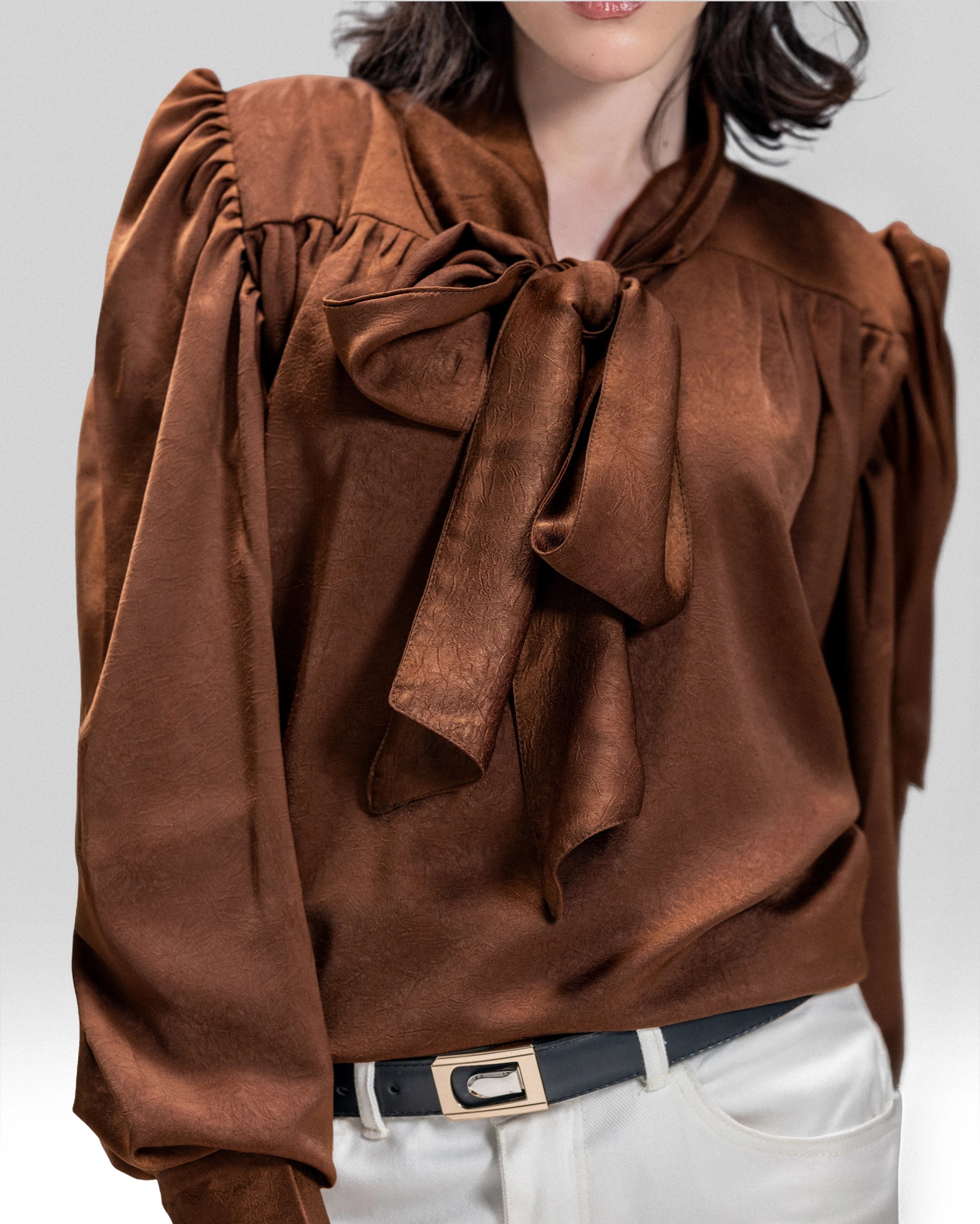 SATIN V-NECK BLOUSE WITH BOW