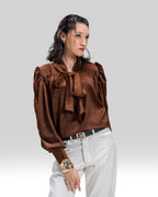 SATIN V-NECK BLOUSE WITH BOW