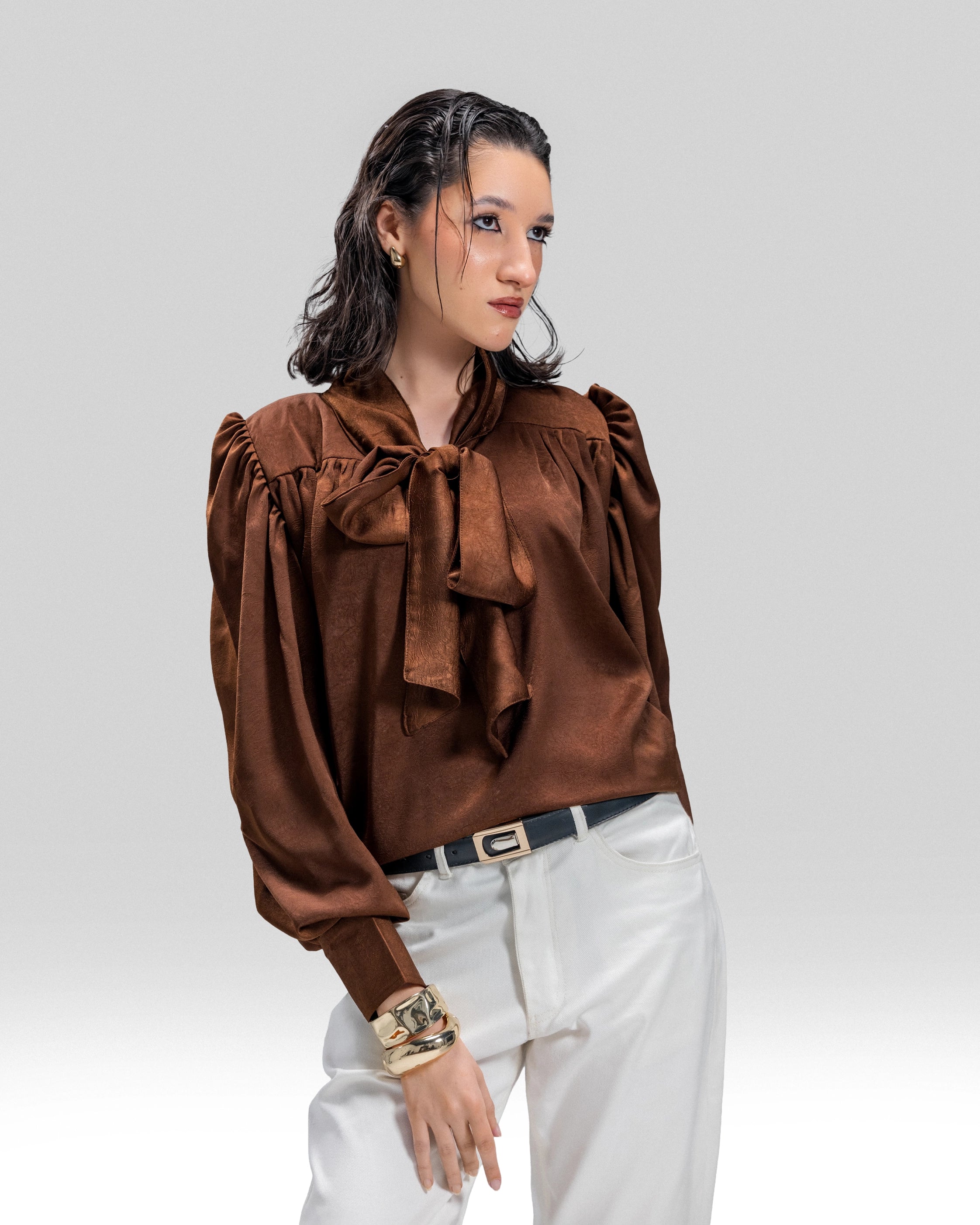 SATIN V-NECK BLOUSE WITH BOW