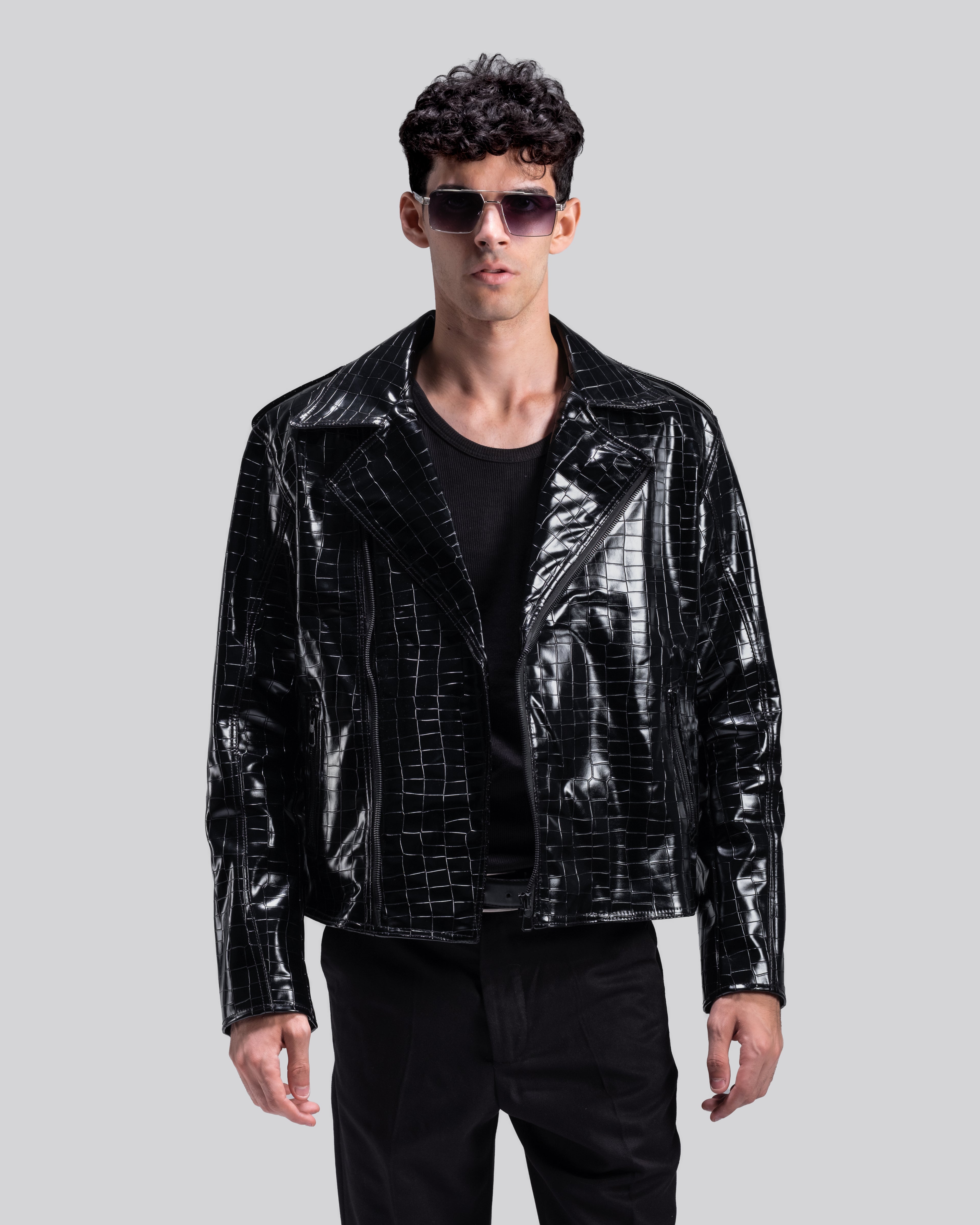 LEATHER CROC-EMBOSSED BIKER JACKET