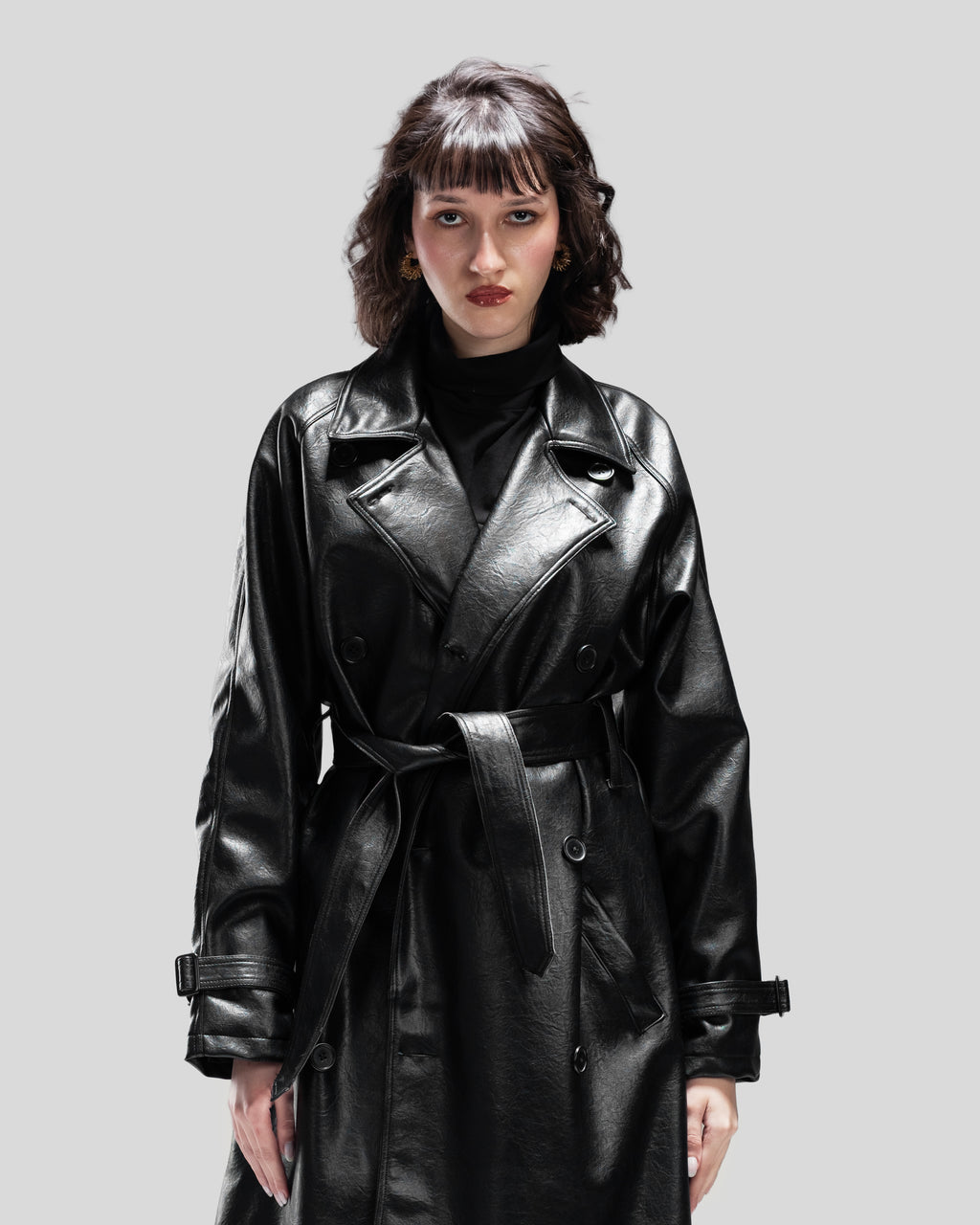 LEATHER LONG COAT IN PLUNGED