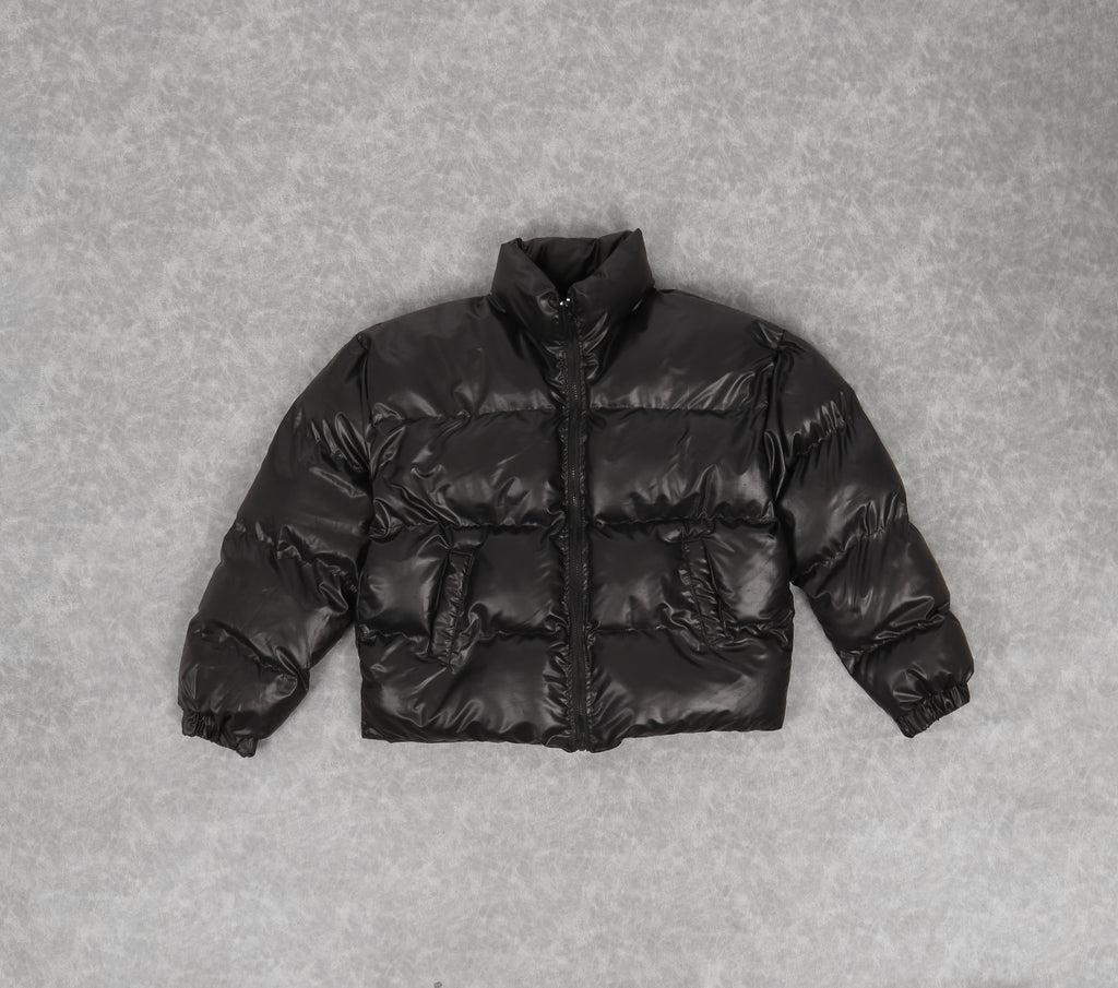 Leather effect puffer jacket in black