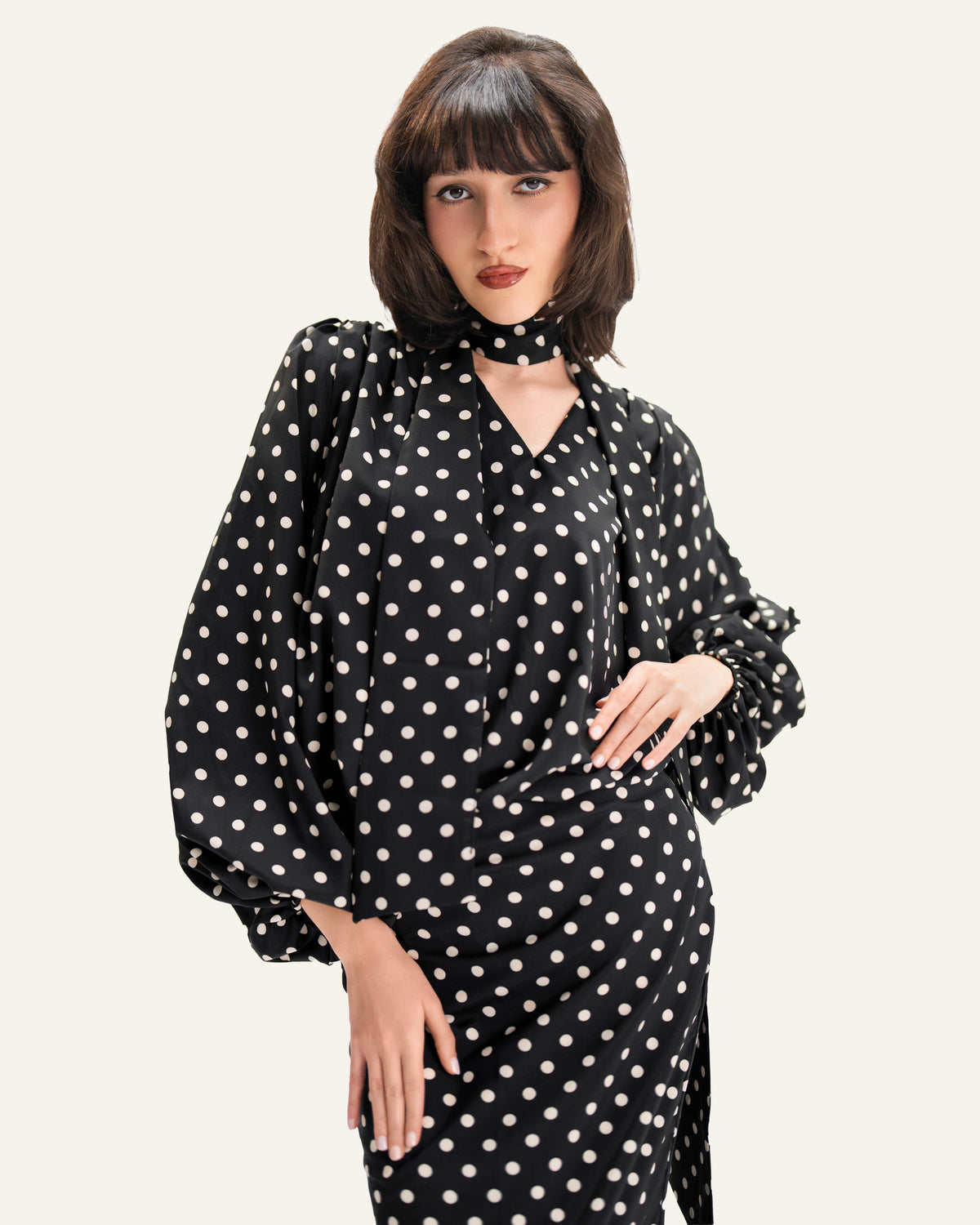 BLACK POLKA-DOT MAXI DRESS
