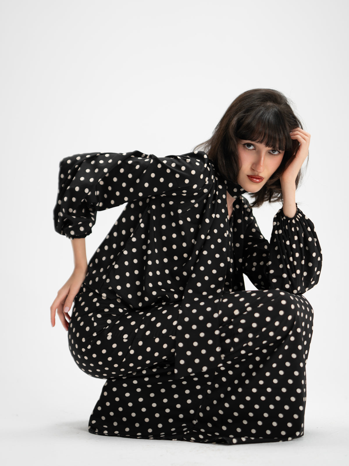 BLACK POLKA-DOT MAXI DRESS