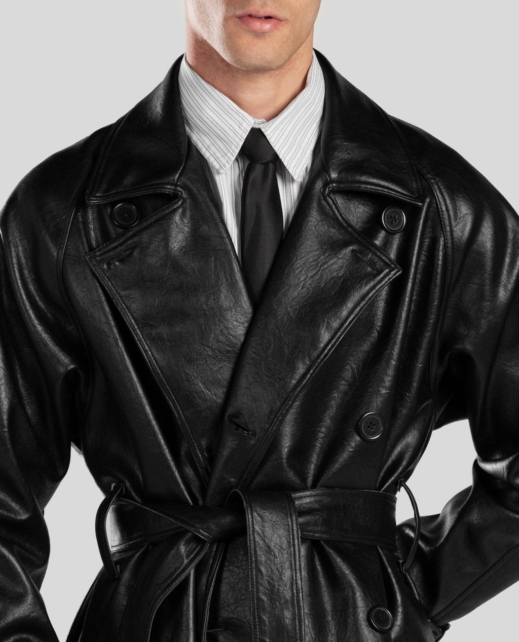 LEATHER LONG COAT IN PLUNGED