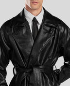 LEATHER LONG COAT IN PLUNGED