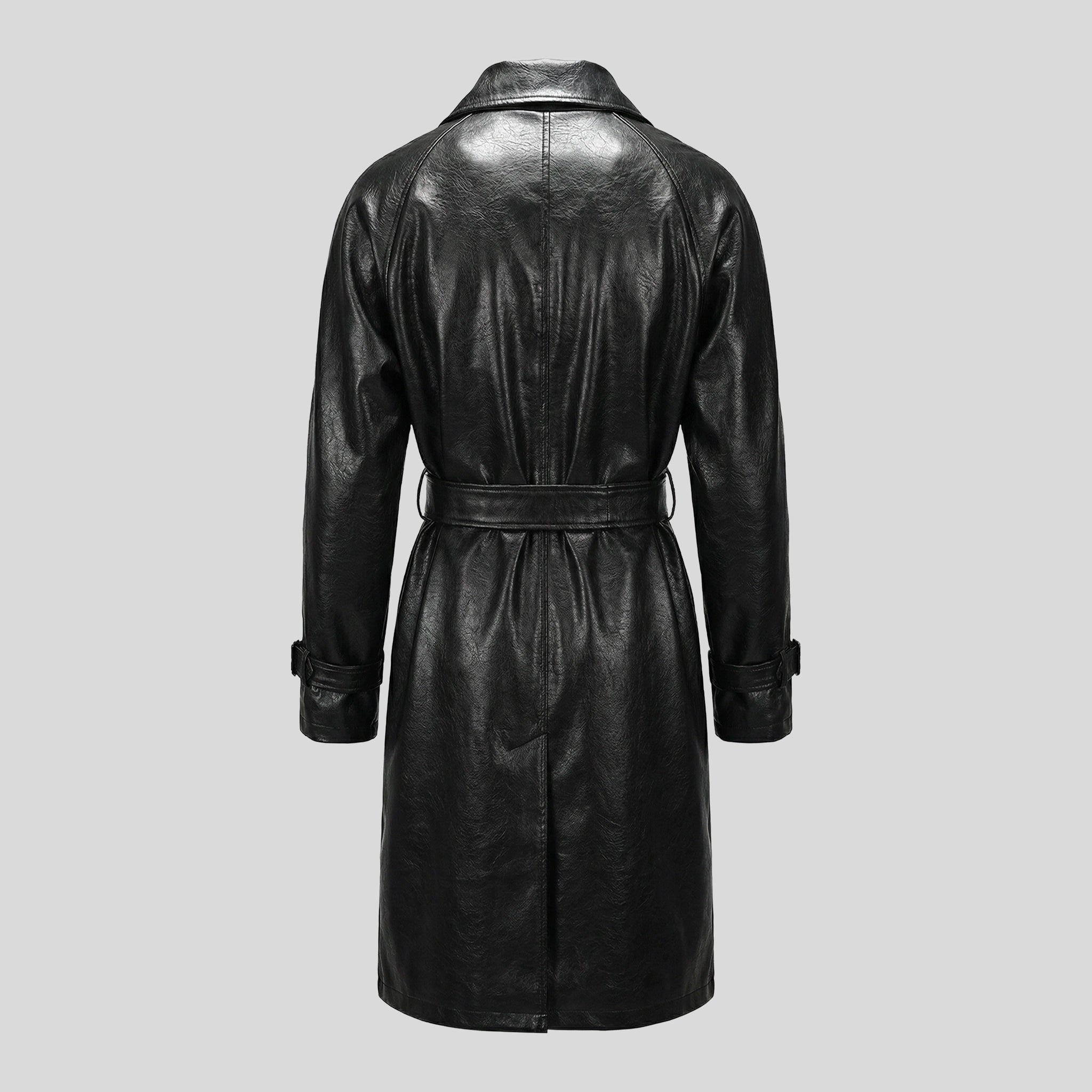 LEATHER LONG COAT IN PLUNGED