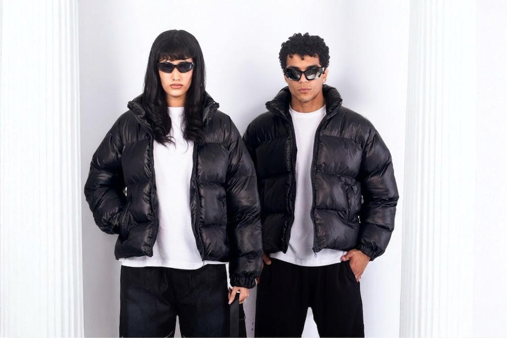Puffer oversized jacket with leather effect