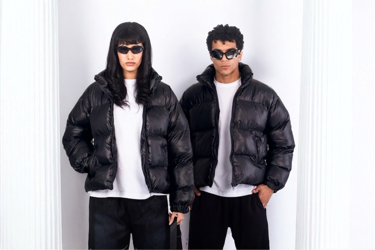 Puffer oversized jacket with leather effect